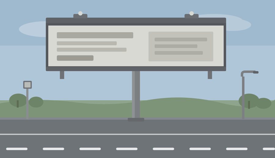 A traditional static billboard mounted on a fixed roadside pole, showing a single printed advertisement face